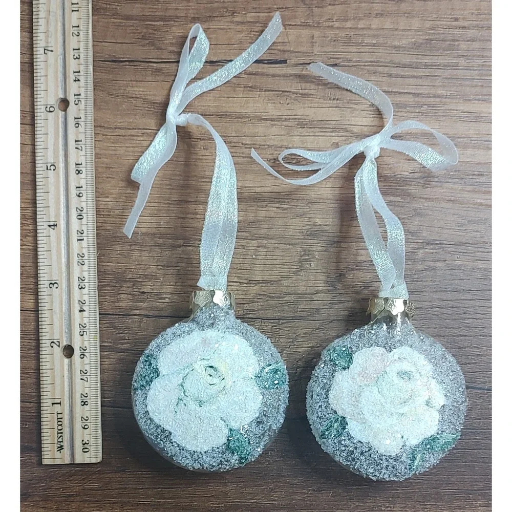 2 Hand Painted Clear Frosted Rose Round Shaped Christmas Ornaments B2